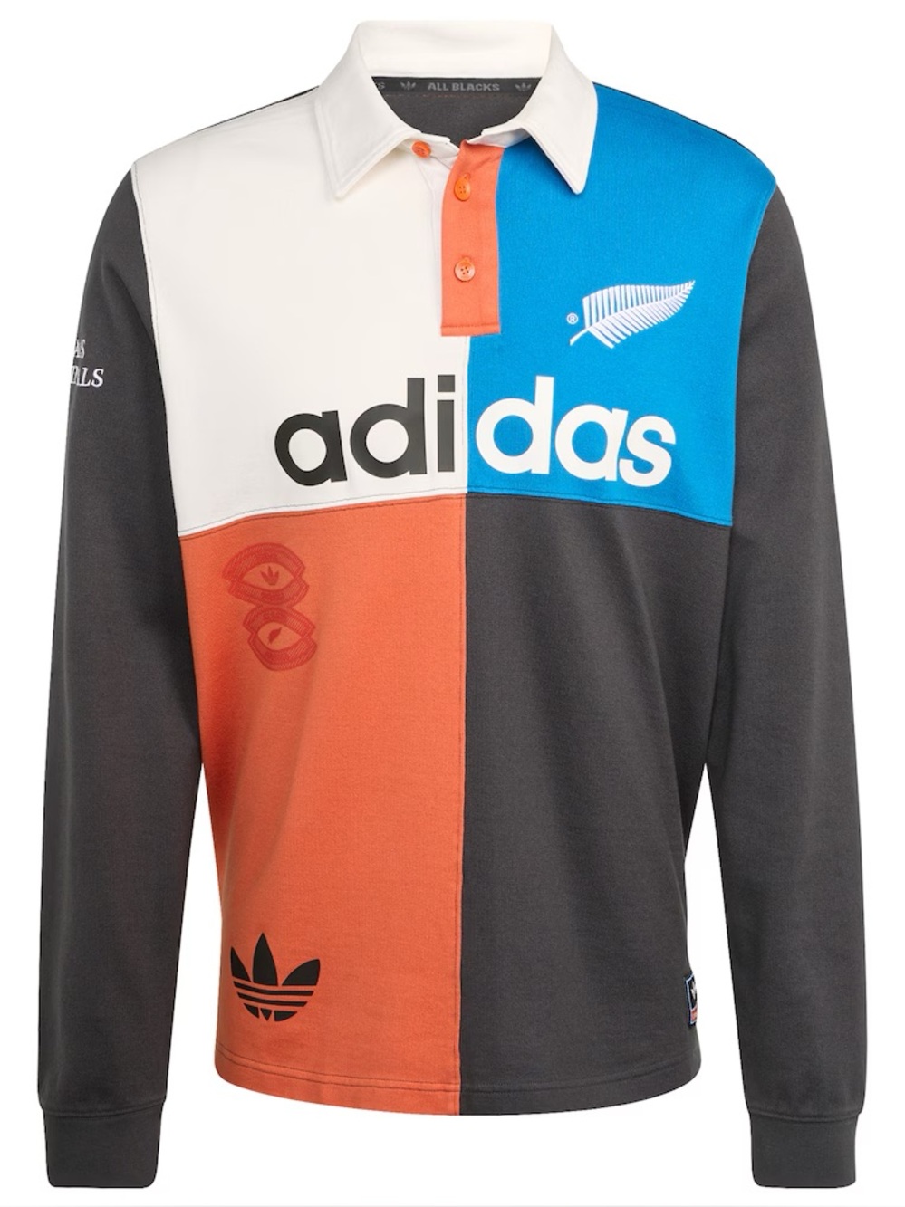 Adidas Colorblock Rugby Polo in White, Blue, Orange & Charcoal Sz. Medium